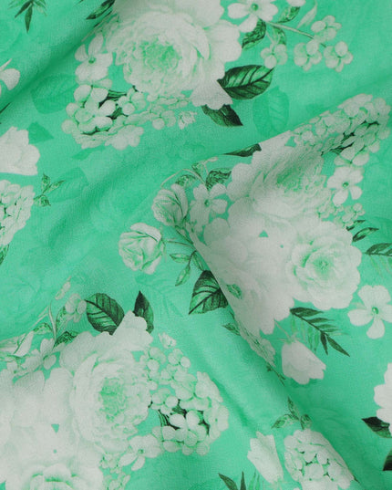 Mint Green White Floral Pattern Pure Silk Crepe Fabric, Width 110 Cms, Made in India-D26080