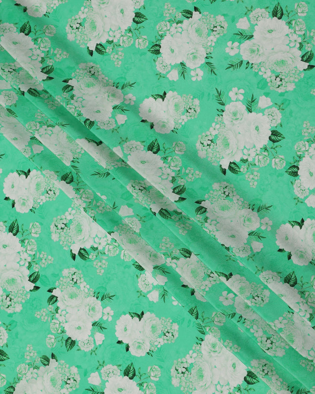 Mint Green White Floral Pattern Pure Silk Crepe Fabric, Width 110 Cms, Made in India-D26080