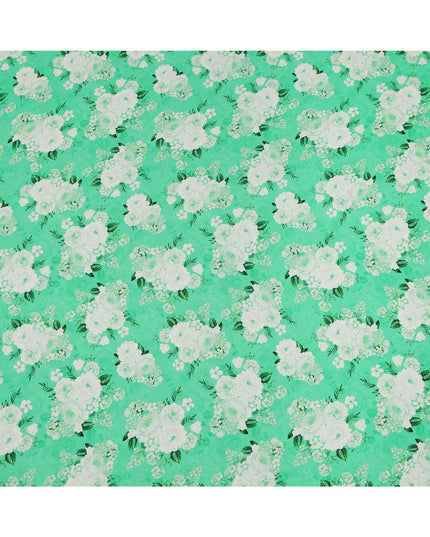 Mint Green White Floral Pattern Pure Silk Crepe Fabric, Width 110 Cms, Made in India-D26080