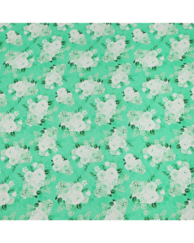 Mint Green White Floral Pattern Pure Silk Crepe Fabric, Width 110 Cms, Made in India-D26080