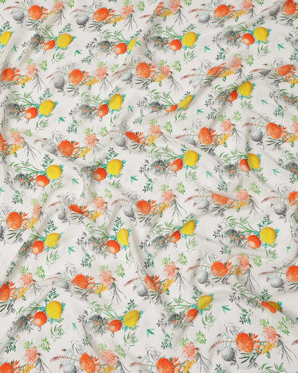 White Multicolor Floral Botanical Print Pure Silk Crepe Fabric, Width 110 Cms, Made in India-D26081