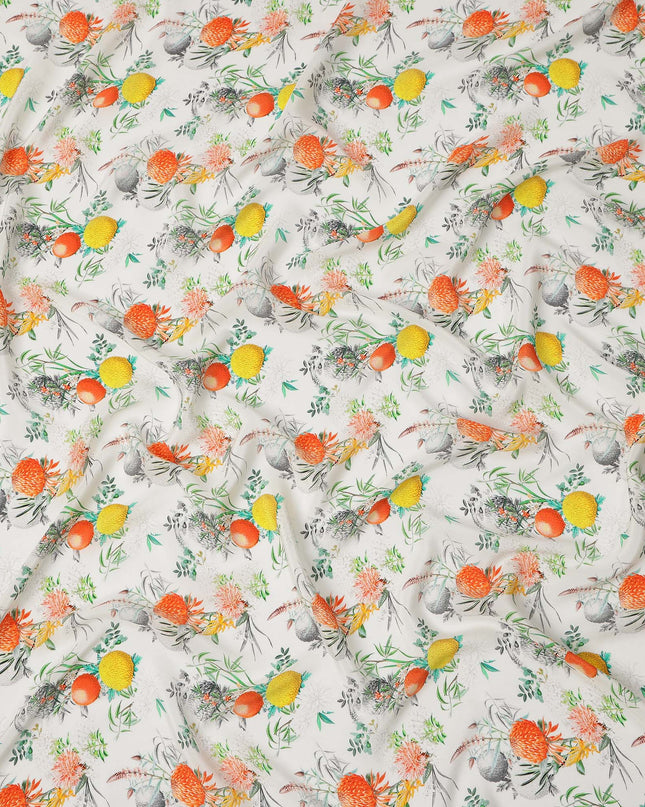 White Multicolor Floral Botanical Print Pure Silk Crepe Fabric, Width 110 Cms, Made in India-D26081