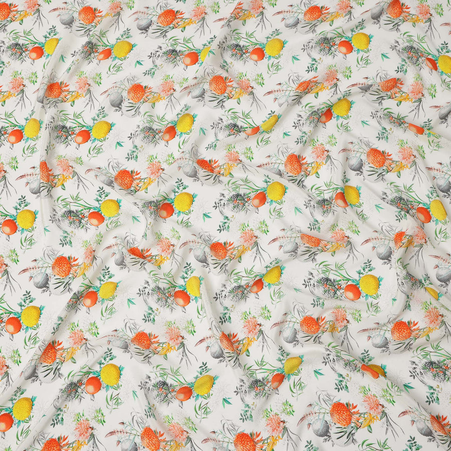 White Multicolor Floral Botanical Print Pure Silk Crepe Fabric, Width 110 Cms, Made in India-D26081