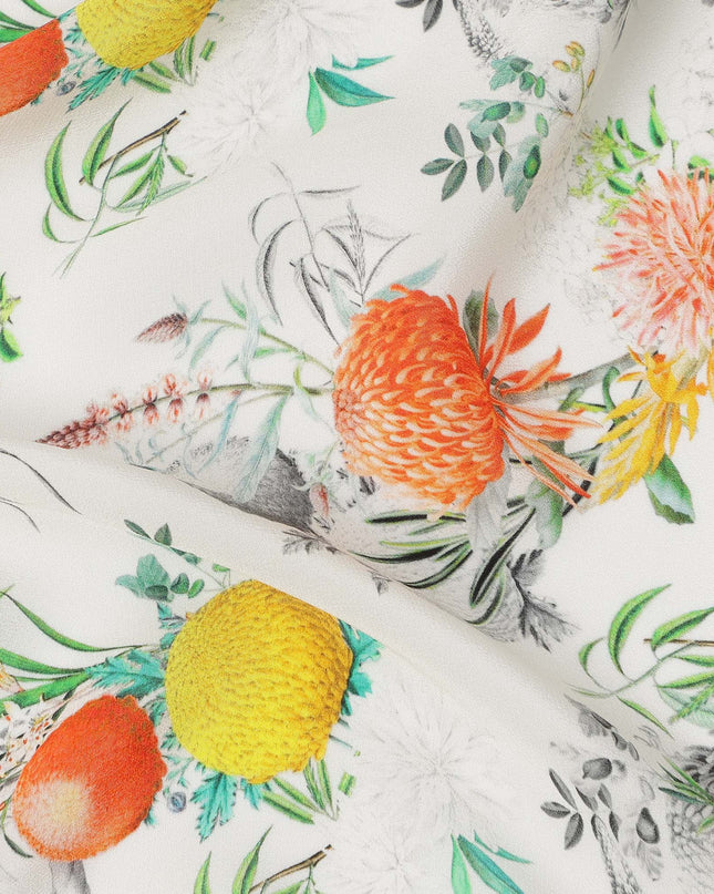 White Multicolor Floral Botanical Print Pure Silk Crepe Fabric, Width 110 Cms, Made in India-D26081