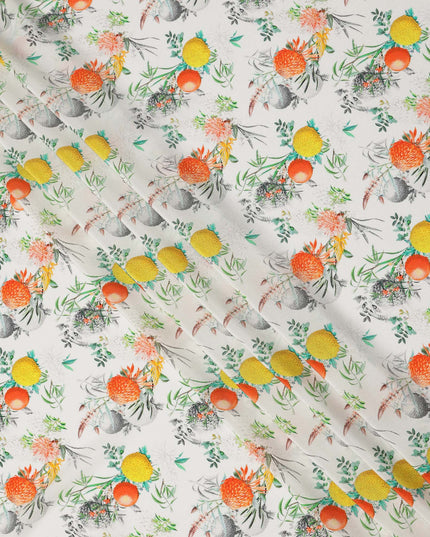 White Multicolor Floral Botanical Print Pure Silk Crepe Fabric, Width 110 Cms, Made in India-D26081
