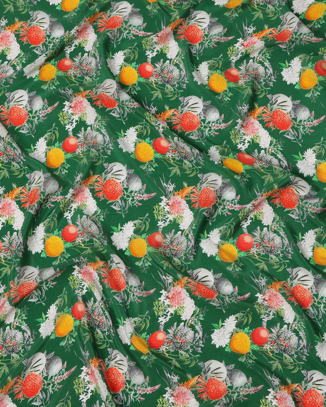 Green Multicolor Floral Botanical Print Pure Silk Crepe Fabric, Width 110 Cms, Made in India-D26083