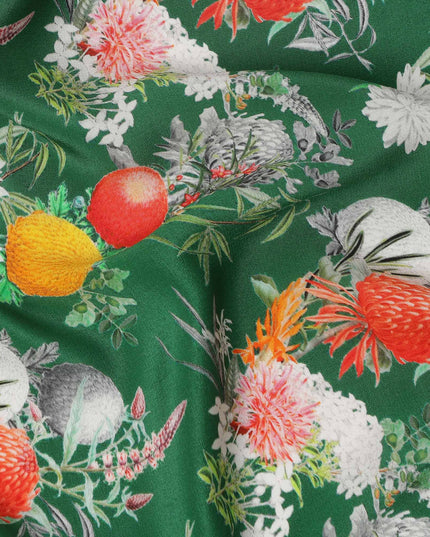Green Multicolor Floral Botanical Print Pure Silk Crepe Fabric, Width 110 Cms, Made in India-D26083