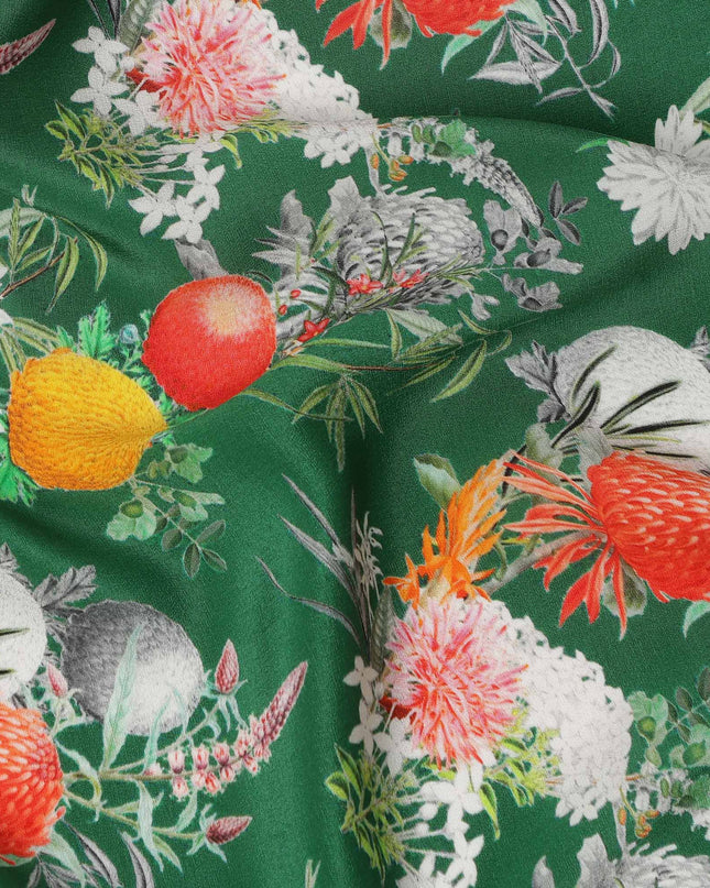 Green Multicolor Floral Botanical Print Pure Silk Crepe Fabric, Width 110 Cms, Made in India-D26083
