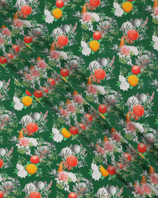 Green Multicolor Floral Botanical Print Pure Silk Crepe Fabric, Width 110 Cms, Made in India-D26083
