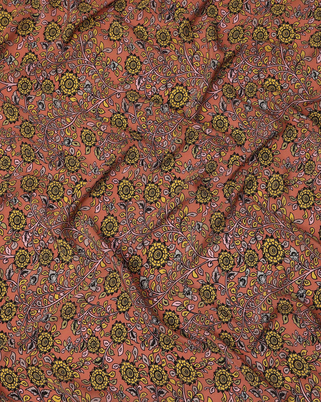 Peach Yellow Floral Pattern Pure Silk Crepe Fabric, Width 110 Cms, Made in India-D26084