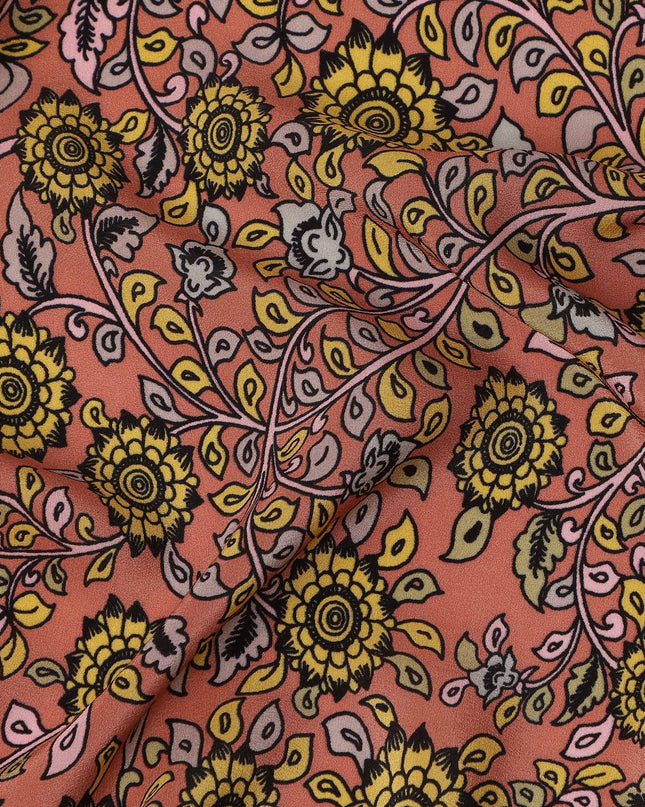 Peach Yellow Floral Pattern Pure Silk Crepe Fabric, Width 110 Cms, Made in India-D26084