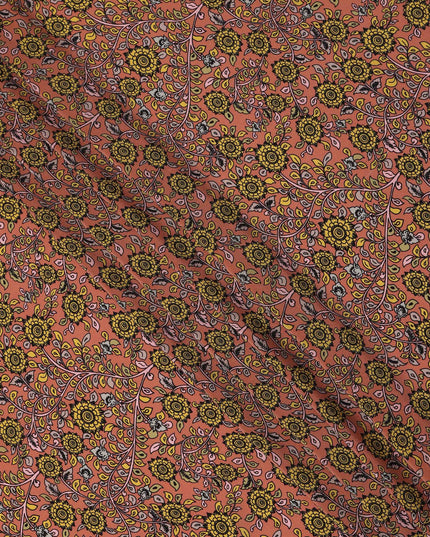 Peach Yellow Floral Pattern Pure Silk Crepe Fabric, Width 110 Cms, Made in India-D26084