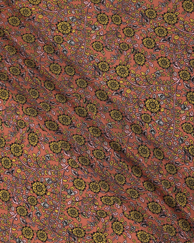 Peach Yellow Floral Pattern Pure Silk Crepe Fabric, Width 110 Cms, Made in India-D26084