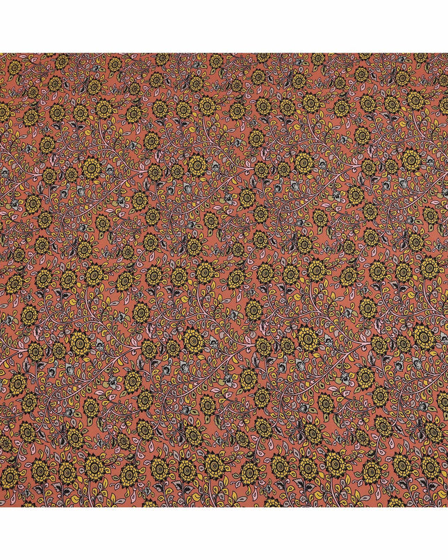 Peach Yellow Floral Pattern Pure Silk Crepe Fabric, Width 110 Cms, Made in India-D26084