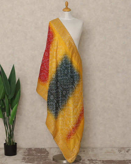 Mustard Yellow Multicolor Premium Synthetic Brocade Dupatta with Traditional Bandhani Motifs, 225X80 CMS Width, India-D26937 - Regal Fabrics