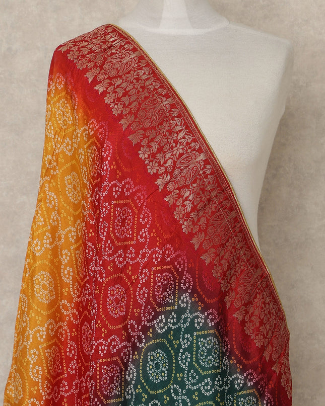 Crimson Red Multicolor Premium Synthetic Brocade Dupatta with Traditional Bandhani Motifs, 225X80 CMS Width, India-D26938 - Regal Fabrics
