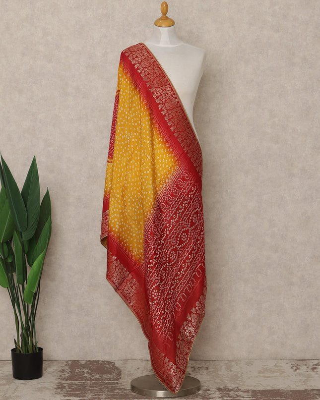 Mustard Yellow and Crimson Red Premium Synthetic Brocade Dupatta with Bandhani-Inspired Print, 225X80 CMS Width, India-D26939 - Regal Fabrics