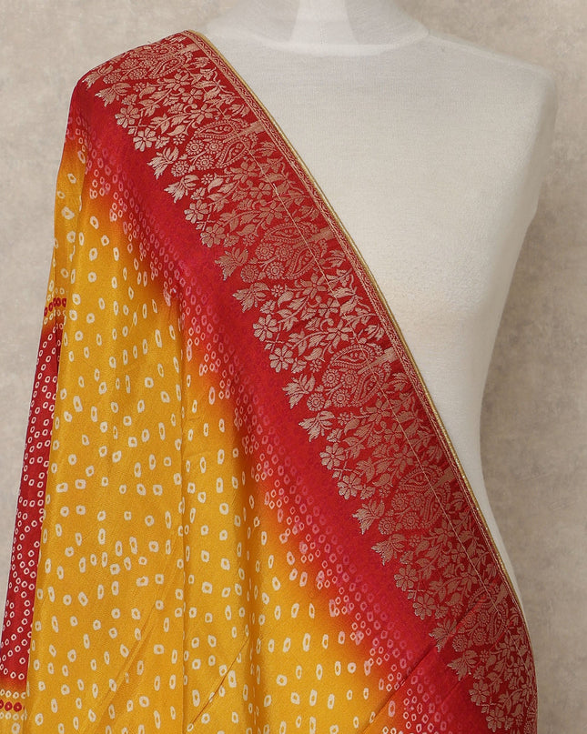 Mustard Yellow and Crimson Red Premium Synthetic Brocade Dupatta with Bandhani-Inspired Print, 225X80 CMS Width, India-D26939 - Regal Fabrics