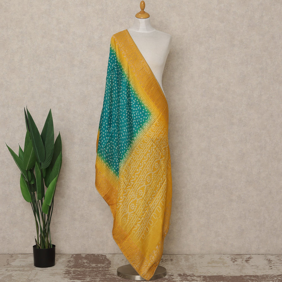 Mustard Yellow and Emerald Green Premium Synthetic Brocade Dupatta with Bandhani-Inspired Patterns, 225X80 CMS Width, India-D26940 - Regal Fabrics