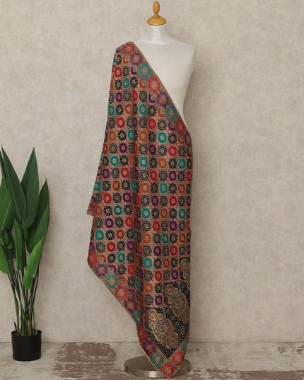 Black Multicolor Premium Synthetic Brocade Dupatta with Traditional Floral Mosaic Motifs, 225X80 CMS Width, India-D26941 - Regal Fabrics