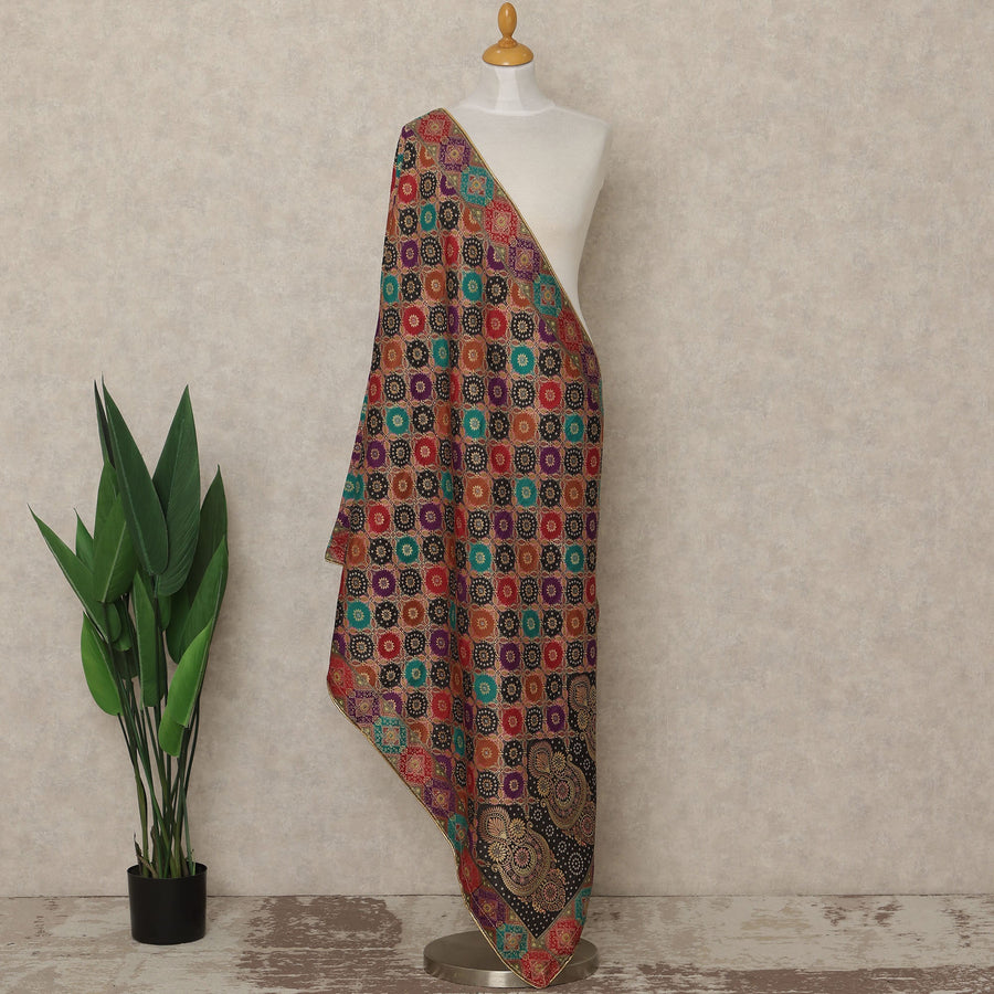 Black Multicolor Premium Synthetic Brocade Dupatta with Traditional Floral Mosaic Motifs, 225X80 CMS Width, India-D26941 - Regal Fabrics