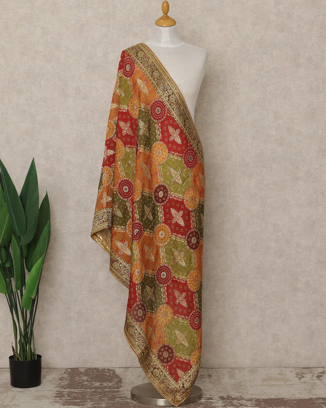 Brick Red Multicolor Premium Synthetic Brocade Dupatta with Traditional Floral Patchwork Motifs, 225X80 CMS Width, India-D26942 - Regal Fabrics