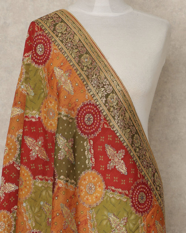 Brick Red Multicolor Premium Synthetic Brocade Dupatta with Traditional Floral Patchwork Motifs, 225X80 CMS Width, India-D26942 - Regal Fabrics