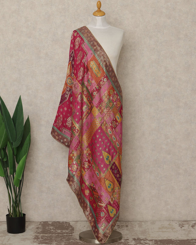 Rani Pink Multicolor Premium Synthetic Brocade Dupatta with Traditional Patchwork Motifs, 225X80 CMS Width, India-D26943 - Regal Fabrics
