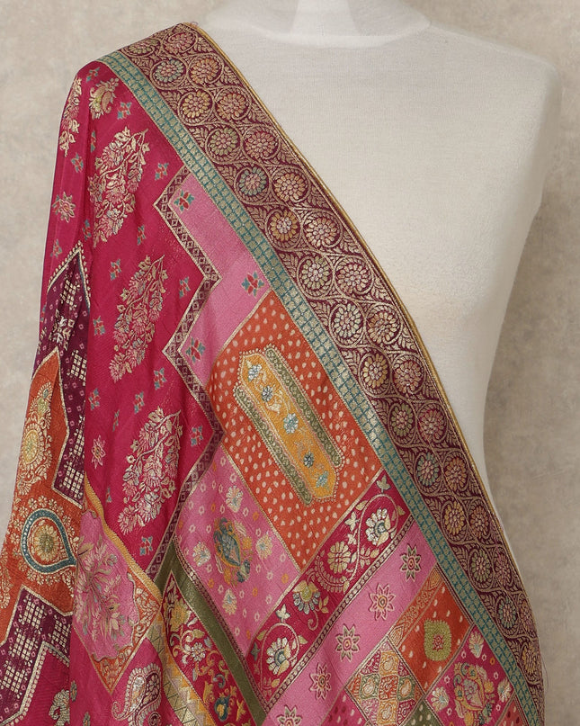 Rani Pink Multicolor Premium Synthetic Brocade Dupatta with Traditional Patchwork Motifs, 225X80 CMS Width, India-D26943 - Regal Fabrics
