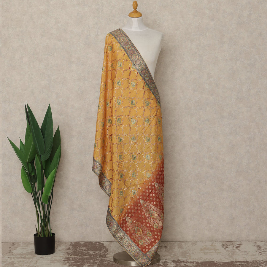 Mustard Yellow Premium Synthetic Brocade Dupatta with Traditional Floral Motifs, 225X80 CMS Width, India-D26944 - Regal Fabrics