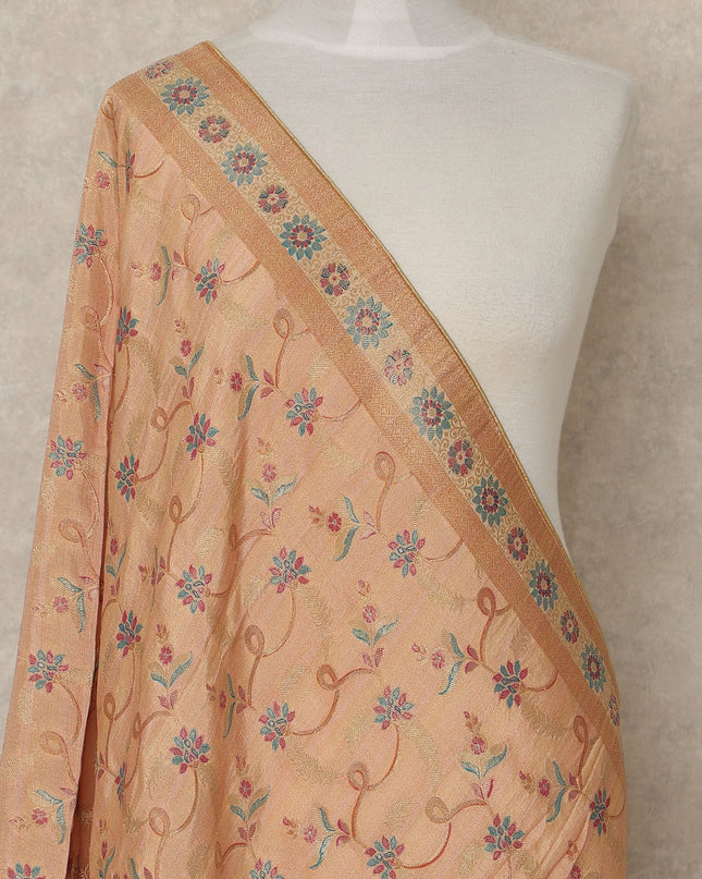 Peach Beige Premium Synthetic Brocade Dupatta with Floral Vine Motifs, 225X80 CMS Width, India-D26945 - Regal Fabrics