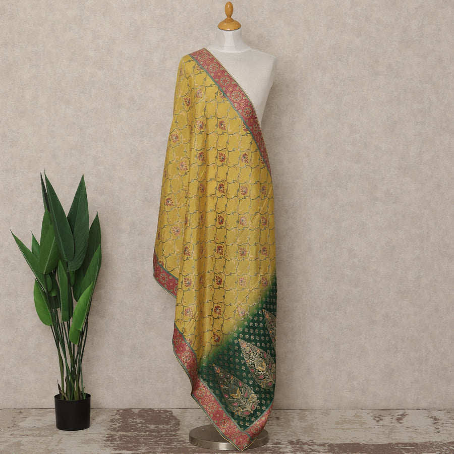 Mustard Yellow & Green Premium Synthetic Brocade Dupatta with Floral Motifs, 225X80 CMS Width, India-D26946