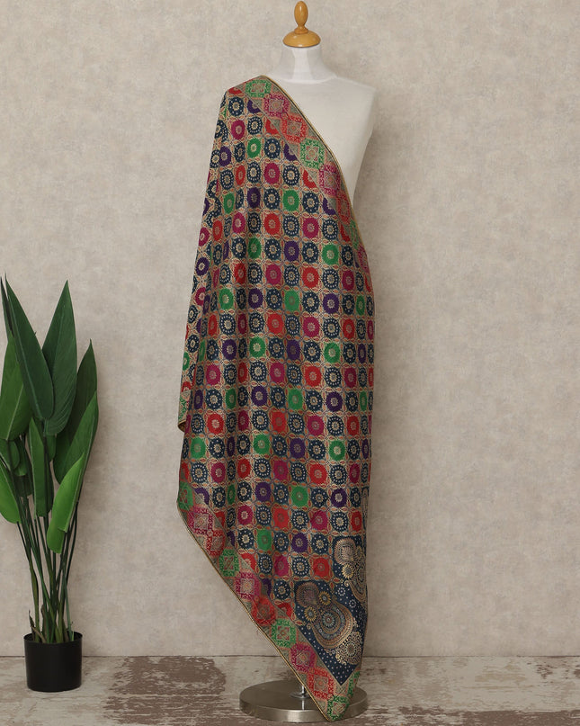 Navy Blue Multicolor Premium Synthetic Brocade Dupatta with Geometric Floral Motifs, 225X80 CMS Width, India-D26948