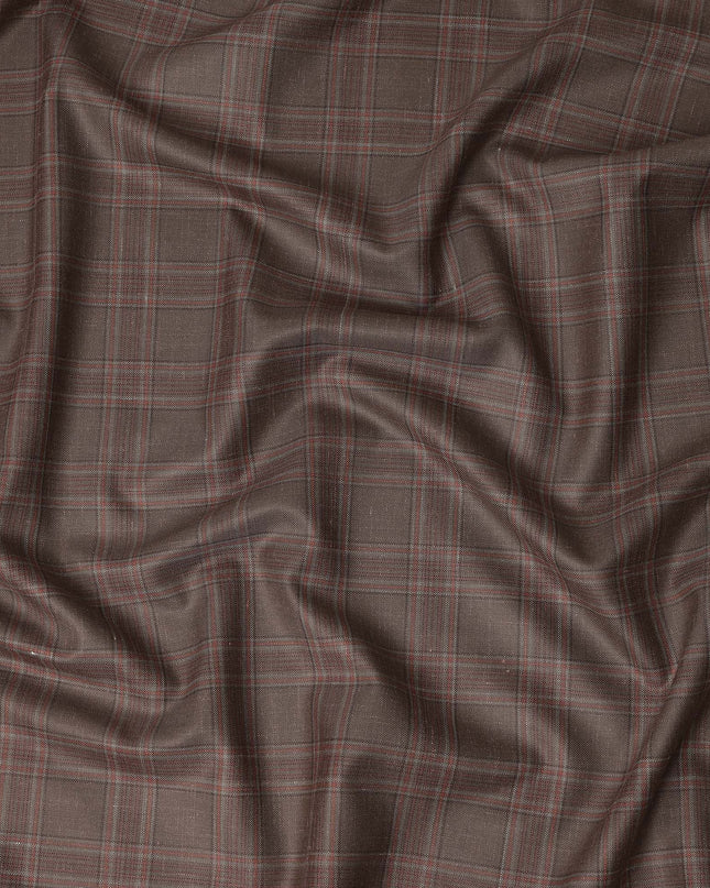 Brown Checkered Blended Linen Wool Suiting Fabric 150 Cms Width China-D28213