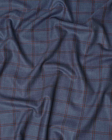 Steel Blue Checkered Blended Linen Wool Suiting Fabric 150 Cms Width China-D28214
