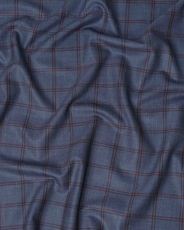 Steel Blue Checkered Blended Linen Wool Suiting Fabric 150 Cms Width China-D28214