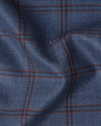 Steel Blue Checkered Blended Linen Wool Suiting Fabric 150 Cms Width China-D28214