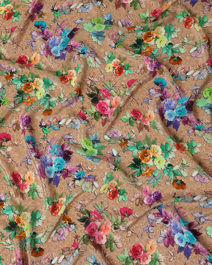 Tan Brown Bouquet Floral Silk Crepe 110cm