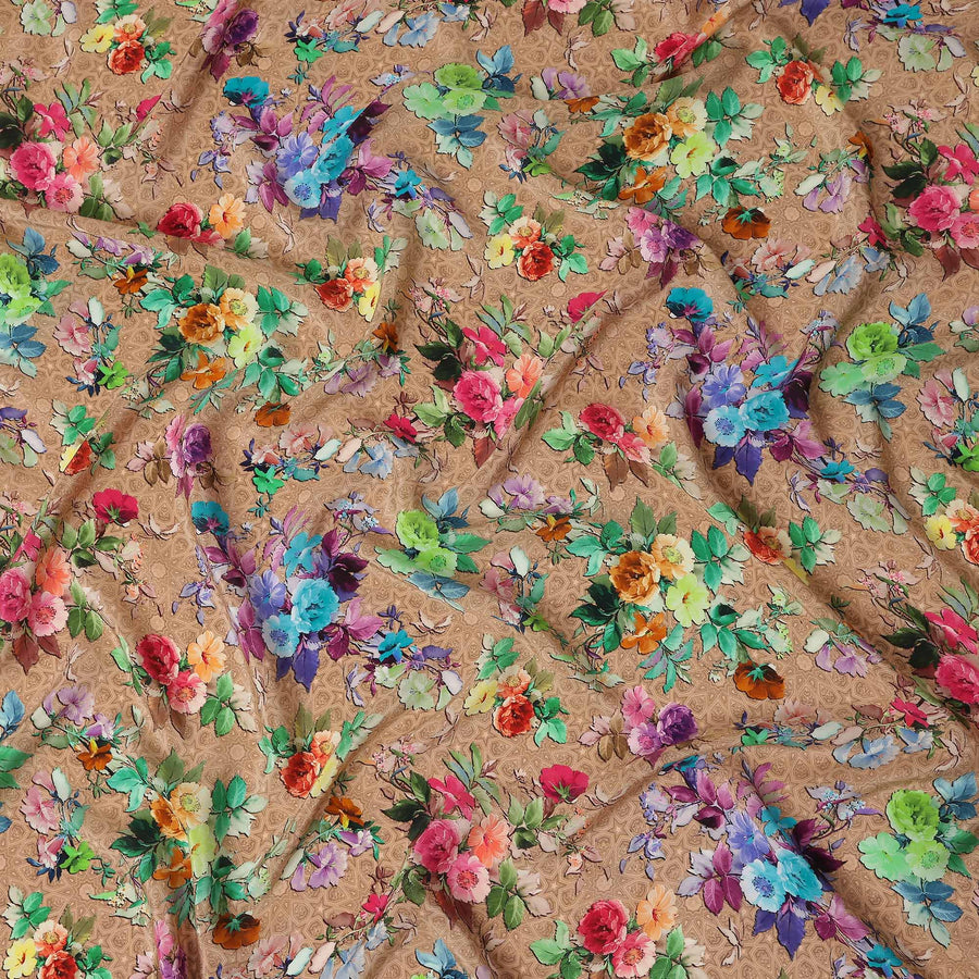 Tan Brown Bouquet Floral Silk Crepe 110cm