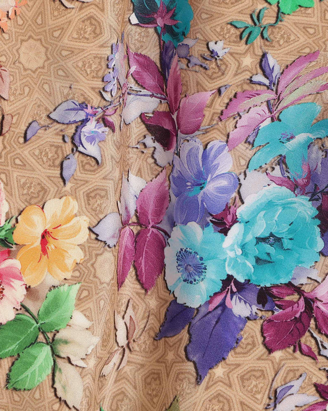 Tan Brown Bouquet Floral Silk Crepe 110cm
