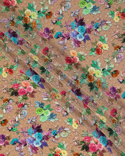 Tan Brown Bouquet Floral Silk Crepe 110cm