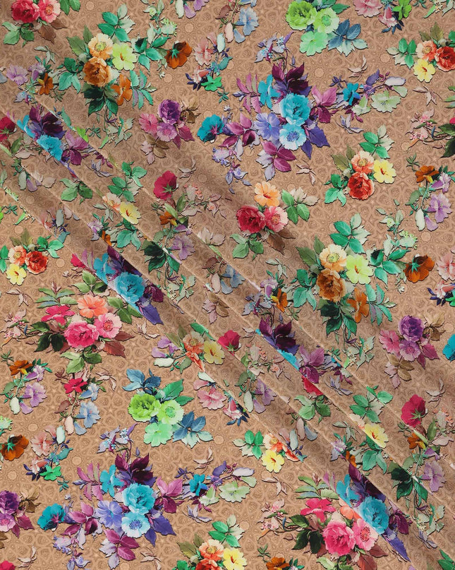 Tan Brown Bouquet Floral Silk Crepe 110cm