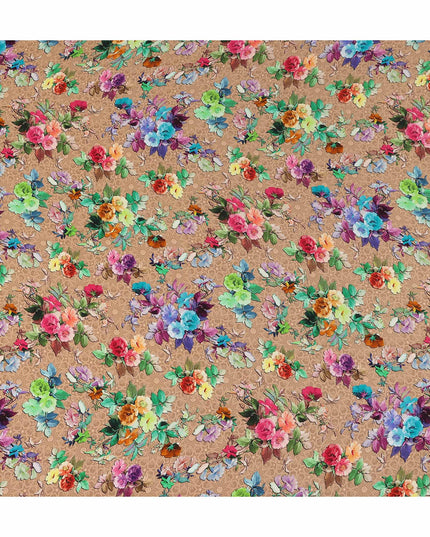 Tan Brown Bouquet Floral Silk Crepe 110cm