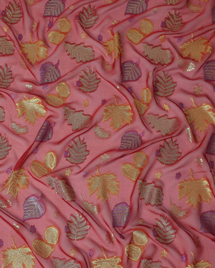 Coral Pink Leaf Embroidered Silk Garbasaar