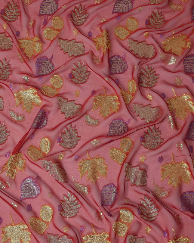 Coral Pink Leaf Embroidered Silk Garbasaar