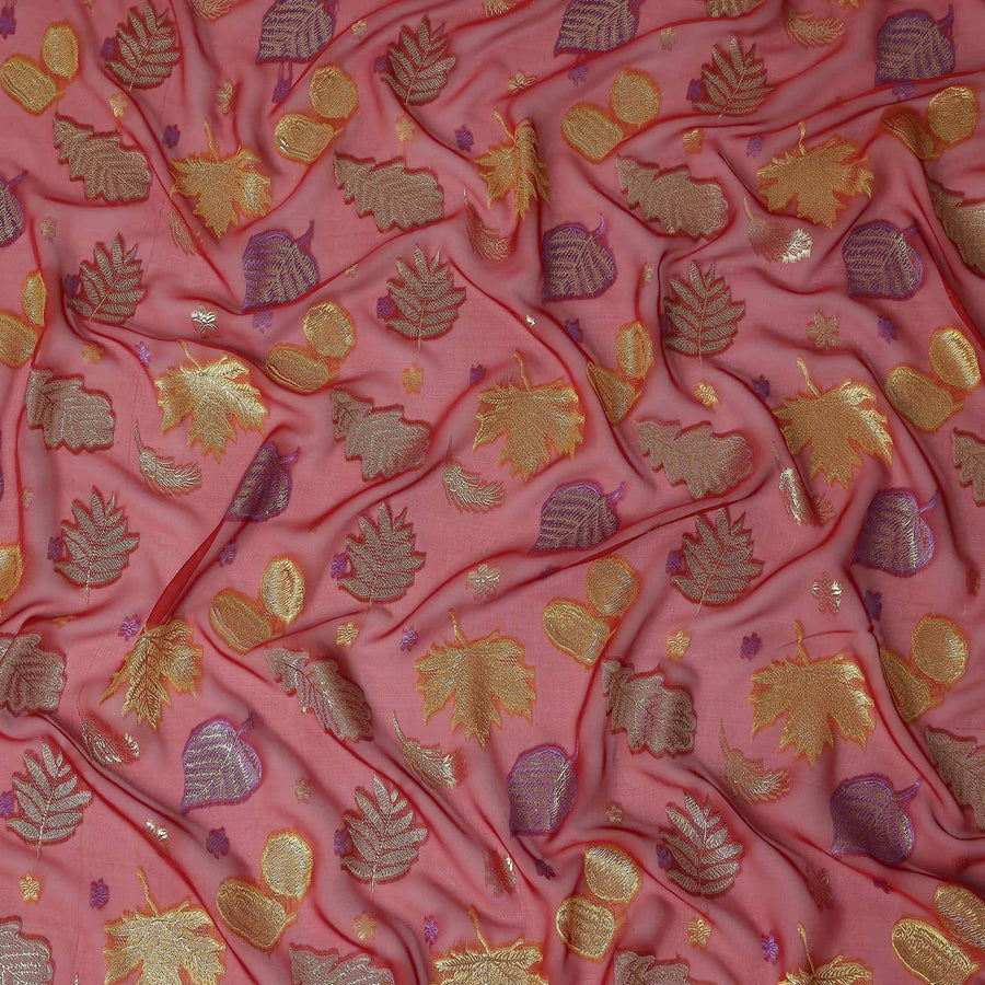 Coral Pink Leaf Embroidered Silk Garbasaar