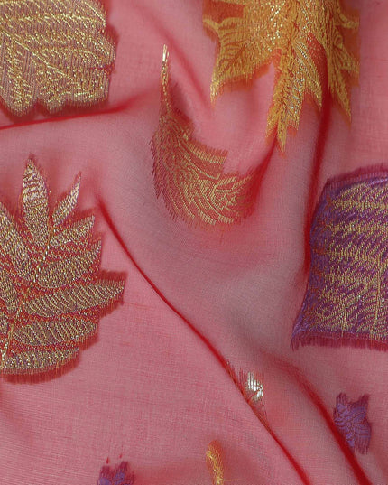 Coral Pink Leaf Embroidered Silk Garbasaar