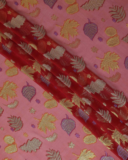 Coral Pink Leaf Embroidered Silk Garbasaar