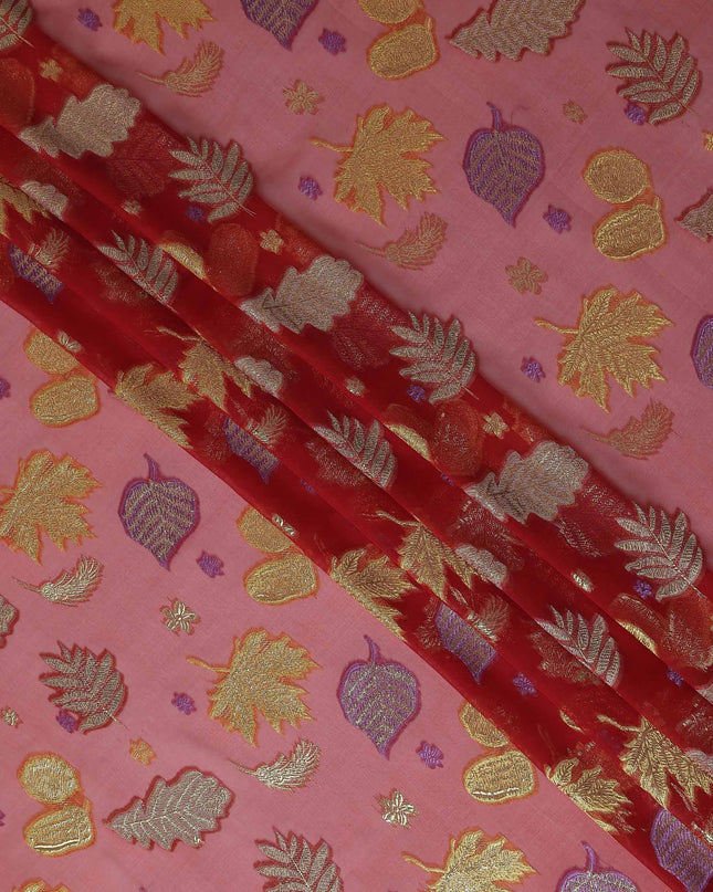 Coral Pink Leaf Embroidered Silk Garbasaar
