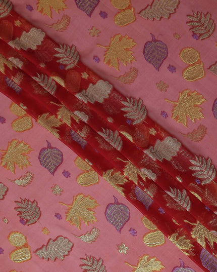 Salmon Coral Leaf Embroidered Silk Garbasaar